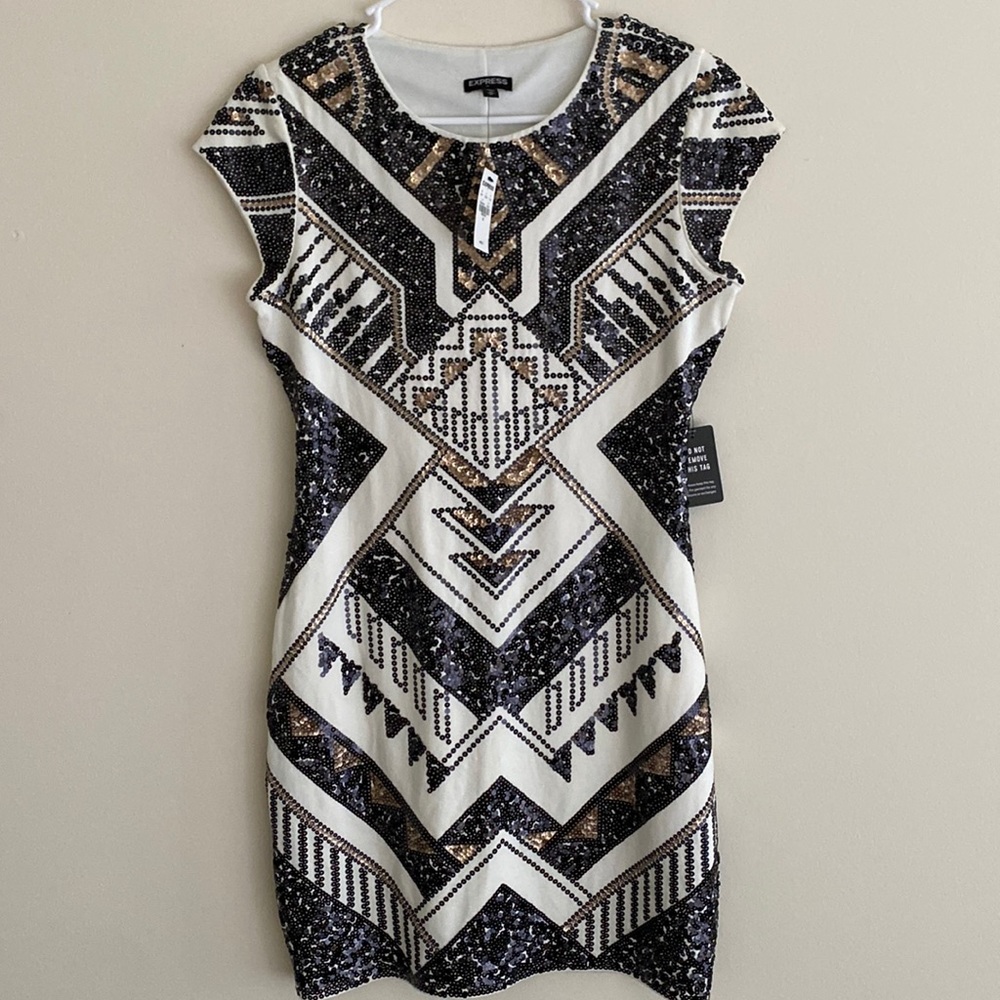 Express Black and Gold Geometric Sequin Dress